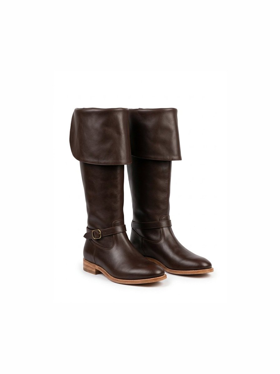 Dark brown leather musketeer boots with bucket cuff and brass ankle strap — three-quarter view