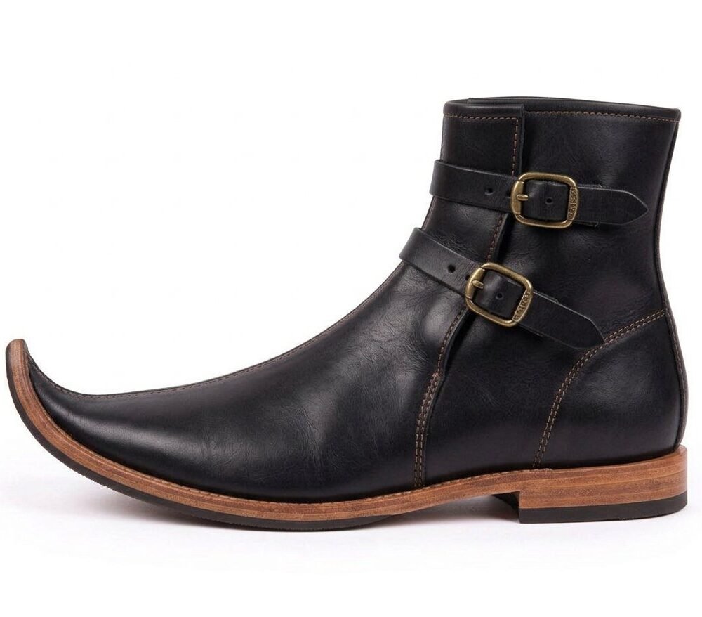 Black Buckled Medieval Pointed Boots – Handmade 13th Century Style Leather - Image 4