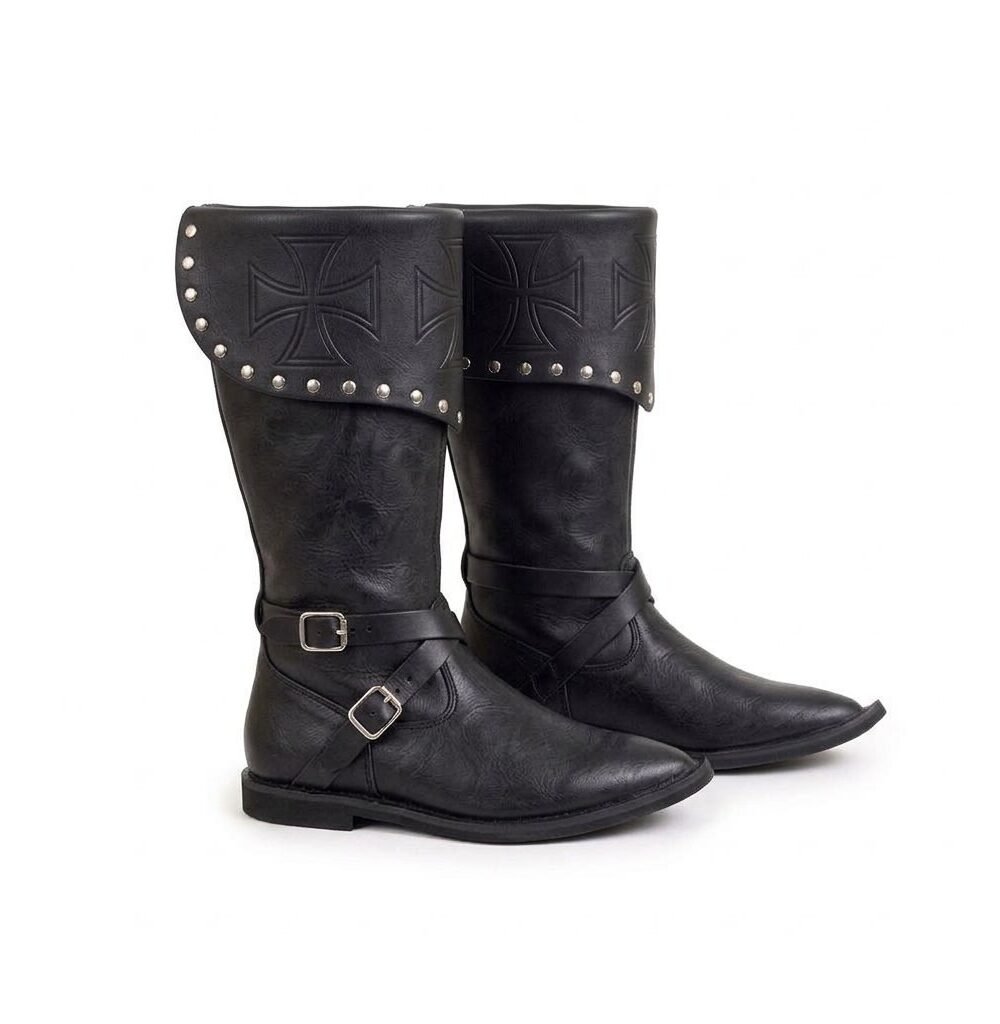 Black Knight Boots with Embossed Cross Cuff & Silver Studs - Image 4