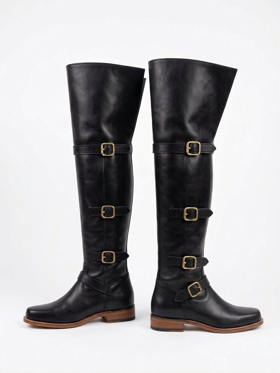Black Cavalier Thigh-High Boots with Fold-Over Bucket Cuff - Image 4