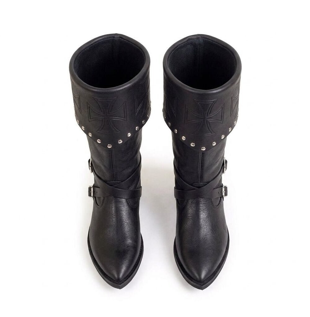 Black Knight Boots with Embossed Cross Cuff & Silver Studs - Image 5