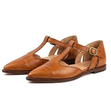 Tan Women's T-Strap Pointed Medieval Shoe pair, hero product