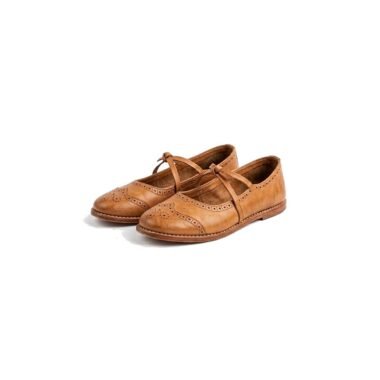 Tan Women's Perforated Cross-Strap Medieval Shoe pair, hero product shot on white background