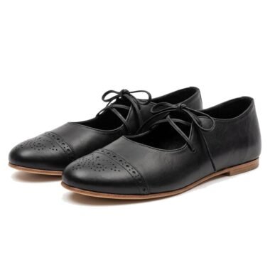 Black Women's Perforated Cross-Strap Medieval Shoe – Black pair, hero product shot on white background